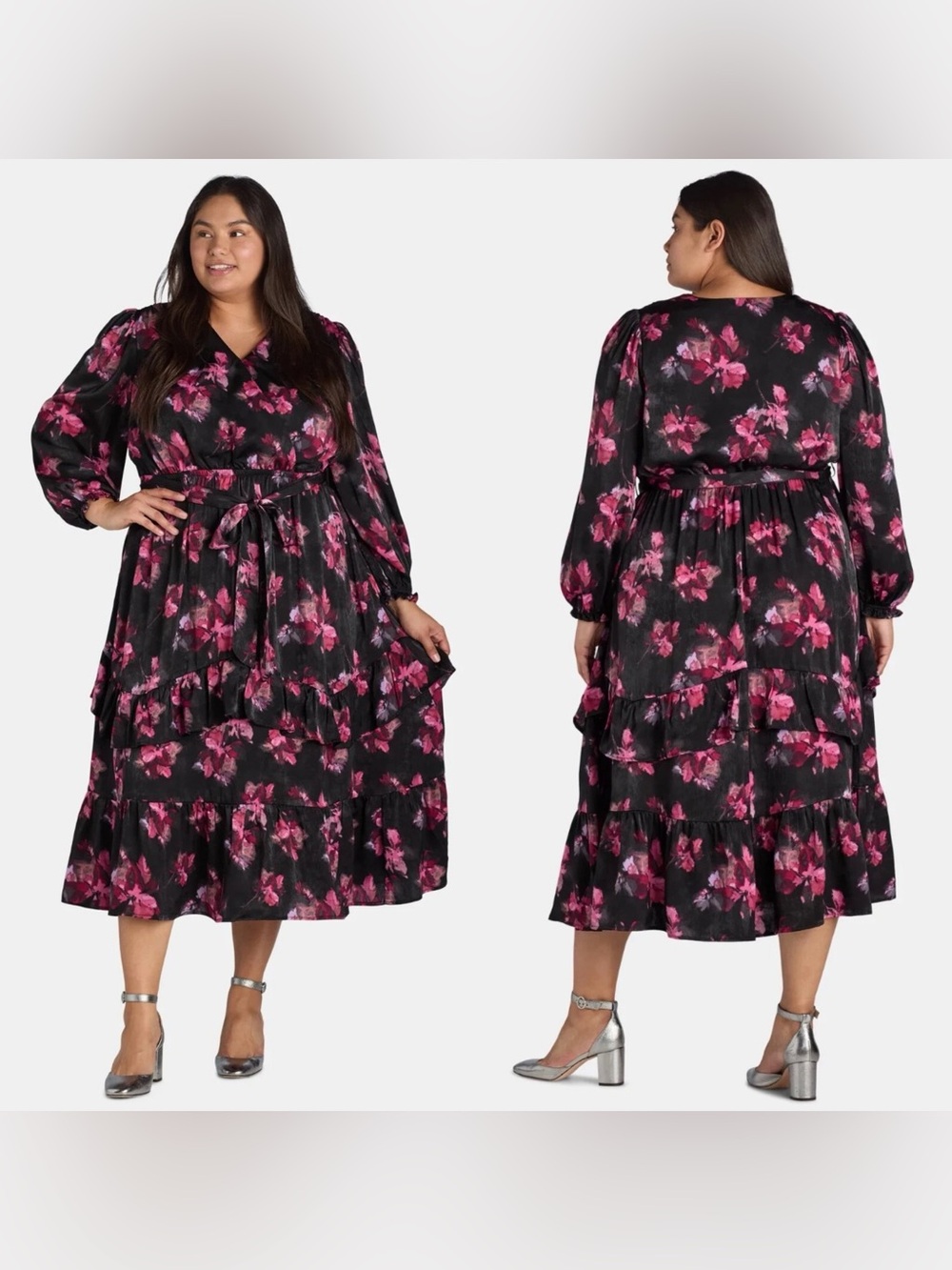 Terra & Sky Black Floral Faux Wrap Midi Dress with Pink Blooms